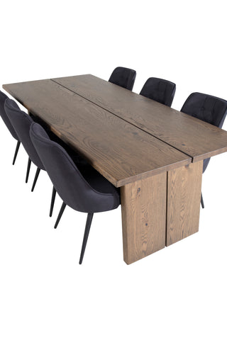 Venture Home Logger Matbord - Rökt Ek - 210 cm+Velvet Deluxe Matstol - Svarta Ben - Svart Tyg_6