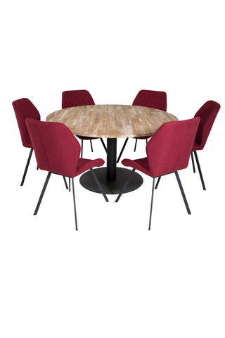 Venture Home Cirebon Runt Bord - 140cm - Natur / Svart+Gemma Matstol - Svarta Ben - Röd Tyg_6