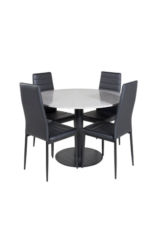 Razzia matbord ø106cm - Grå / Svart+Smal matstol med hög rygg - Svarta ben - Svart PU_4