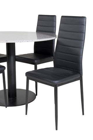 Razzia matbord ø106cm - Grå / Svart+Smal matstol med hög rygg - Svarta ben - Svart PU_4