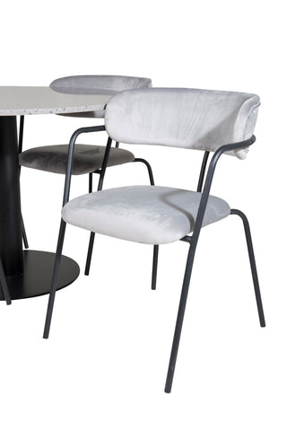 Razzia matbord ø106cm - Grå / Svart+Smal matstol med hög rygg - Svarta ben - Svart PU_4