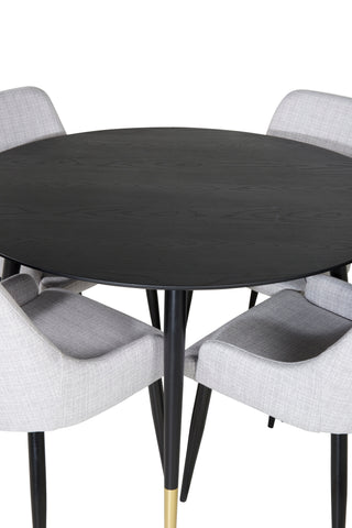 Dipp Matbord - 115cm - Svart / Svart Mässing+Plaza Matstol - Svarta ben - Ljusgrå Tyg_4