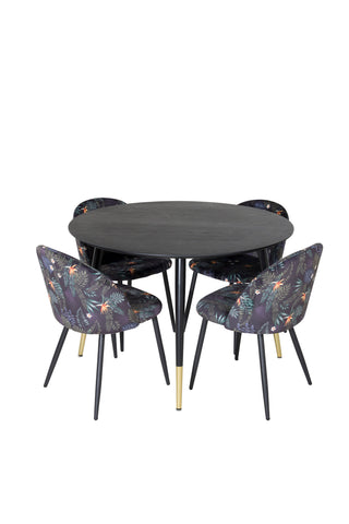 Dipp Matbord - 115cm - Svart / Svart Mässing+ Matstol i sammet - Svart Blomma tyg_4