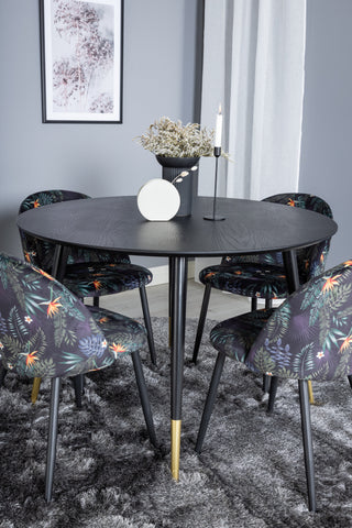 Dipp Matbord - 115cm - Svart / Svart Mässing+ Matstol i sammet - Svart Blomma tyg_4