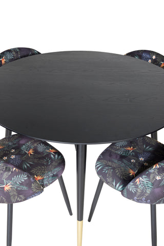 Dipp Matbord - 115cm - Svart / Svart Mässing+ Matstol i sammet - Svart Blomma tyg_4