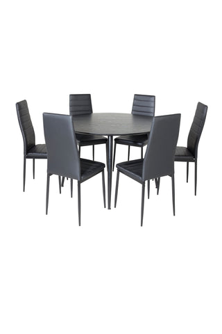 Venture Home Dipp Matbord - 115cm - Svart faner / Helsvarta ben +Slim High Back Matstol - Svarta Ben - Svart PU_6