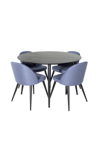 Dipp Matbord - 115cm - Svart faner / Helsvarta ben + Velvet Dining Chiar - Svarta ben - Blue Fabric_4