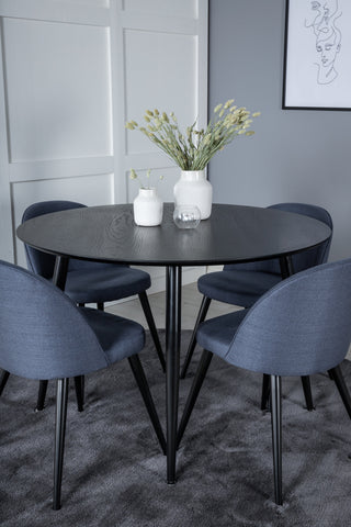 Dipp Matbord - 115cm - Svart faner / Helsvarta ben + Velvet Dining Chiar - Svarta ben - Blue Fabric_4