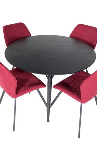 Dipp Matbord - 115cm - Svart faner / Helsvarta ben +Gemma Matstol - Svarta ben - Röd Tyg_4