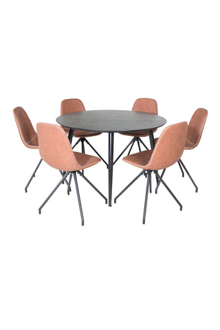 Venture Home Dipp Matbord - 115cm - Svart faner / Helsvarta ben +Polar Matstol med Spin funktion - svarta Ben - Brun PU - Vita stygn_6