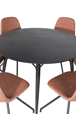 Venture Home Dipp Matbord - 115cm - Svart faner / Helsvarta ben +Polar Matstol med Spin funktion - svarta Ben - Brun PU - Vita stygn_6