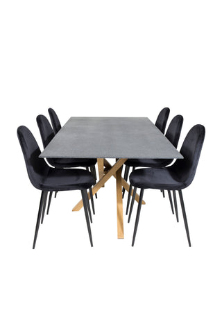 Venture Home Piazza - Matbord - 180*90 - Spraystone/Ek +Polar Matstol - Svarta ben / Svart sammet _6