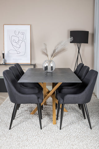 Venture Home Piazza - Matbord - 180*90 - Spraystone/Ek +Plaza Matstol - Svarta Ben - Svart Tyg _6