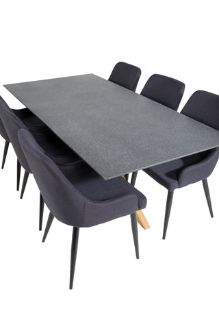 Venture Home Piazza - Matbord - 180*90 - Spraystone/Ek +Plaza Matstol - Svarta Ben - Svart Tyg _6
