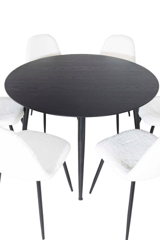 Venture Home Dipp Matbord - 115cm - Svart faner / Helsvarta ben +Polar Fluff Matstol - Svarta ben - Vit Teddy _6