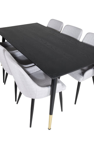 Venture Home Dipp Matbord - 180*90cm - Svart / Svart Mässing+Plaza Matstol - Svarta ben - Ljusgrå Tyg_6