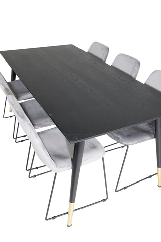 Venture Home Dipp Matbord - 180*90cm - Svart / Svart Mässing+Muce Matstol - Svarta Ben - Grå sammet_6