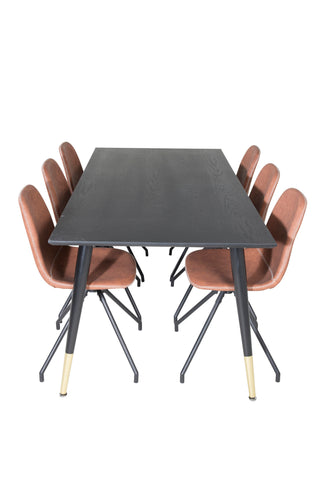 Venture Home Dipp Matbord - 180*90cm - Svart / Svart Mässing+Polar Matstol med Spin funktion - svarta Ben - Brun PU - Vita stygn_6