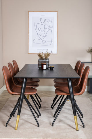 Venture Home Dipp Matbord - 180*90cm - Svart / Svart Mässing+Polar Matstol med Spin funktion - svarta Ben - Brun PU - Vita stygn_6