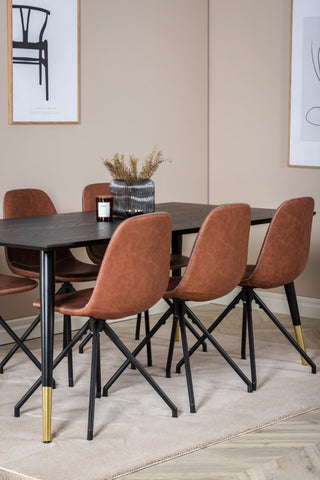 Venture Home Dipp Matbord - 180*90cm - Svart / Svart Mässing+Polar Matstol med Spin funktion - svarta Ben - Brun PU - Vita stygn_6