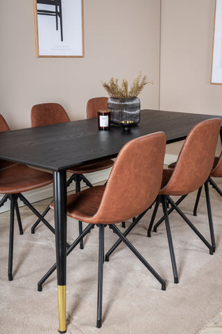 Venture Home Dipp Matbord - 180*90cm - Svart / Svart Mässing+Polar Matstol med Spin funktion - svarta Ben - Brun PU - Vita stygn_6