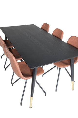 Venture Home Dipp Matbord - 180*90cm - Svart / Svart Mässing+Polar Matstol med Spin funktion - svarta Ben - Brun PU - Vita stygn_6