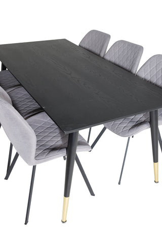 Venture Home Dipp Matbord - 180*90cm - Svart / Svart Mässing+Gemma Matstol - Svarta Ben - Grå Tyg_6