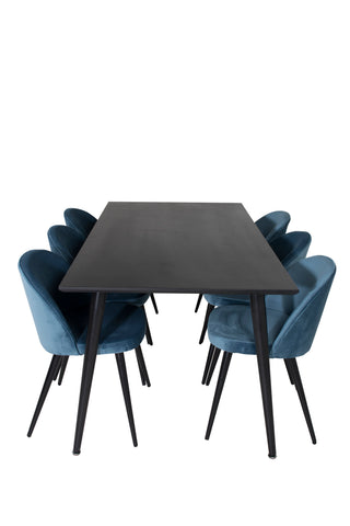 Venture Home Dipp Matbord - 180*90cm - Svart faner / helt svarta ben + Matstol i sammet - Blå / Svart_6