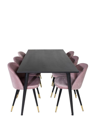 Venture Home Dipp Matbord - 180*90cm - Svart faner / helt svarta ben + Matstol i sammet Mässing - Rosa / Svart_6