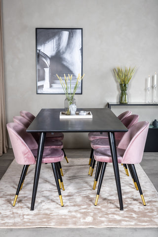 Venture Home Dipp Matbord - 180*90cm - Svart faner / helt svarta ben + Matstol i sammet Mässing - Rosa / Svart_6