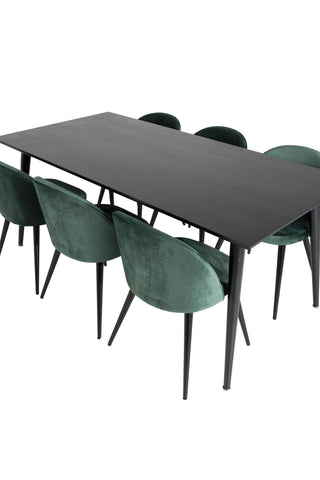 Venture Home Dipp Matbord - 180*90cm - Svart faner / helt svarta ben + Matstol i sammet - Grön / Svart_6