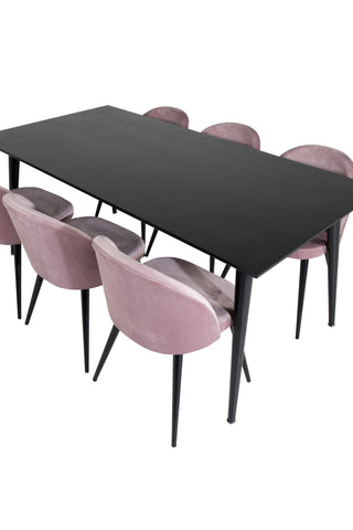 Venture Home Dipp Matbord - 180*90cm - Svart faner / helt svarta ben + Matstol i sammet - Rosa / Svart_6