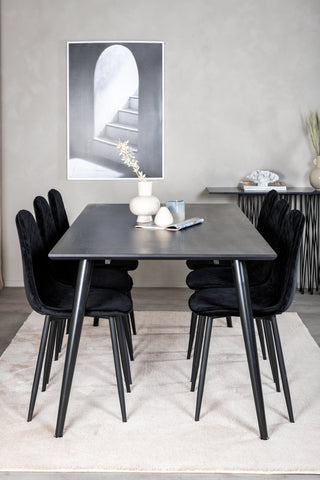 Venture Home Dipp Matbord - 180*90cm - Svart faner / helt svarta ben +Polar Diamond Matstol - Svarta ben - Svart sammet_6