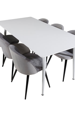 Venture Home Polar Matbord 180 cm - Vit skiva / Vita Ben+ Matstol i sammet - Ljusgrå / Svart_6