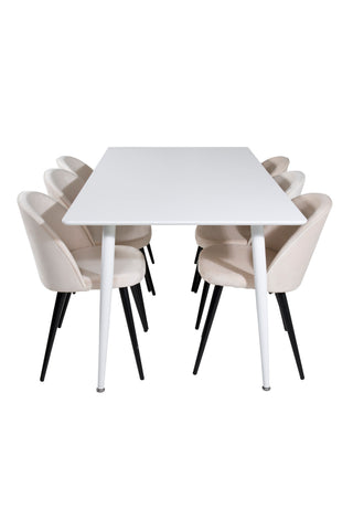 Venture Home Polar Matbord 180 cm - Vit skiva / Vita Ben+ Matstol i sammet - Beige / Svart_6
