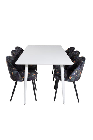 Venture Home Polar Matbord 180 cm - Vit skiva / Vita Ben+ Matstol i sammet - Svart Blomma tyg_6