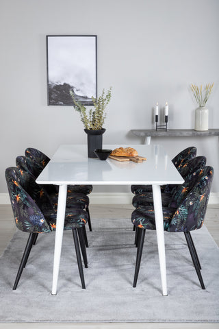 Venture Home Polar Matbord 180 cm - Vit skiva / Vita Ben+ Matstol i sammet - Svart Blomma tyg_6