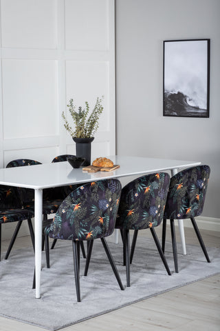 Venture Home Polar Matbord 180 cm - Vit skiva / Vita Ben+ Matstol i sammet - Svart Blomma tyg_6