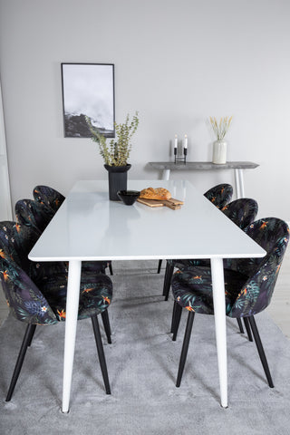 Venture Home Polar Matbord 180 cm - Vit skiva / Vita Ben+ Matstol i sammet - Svart Blomma tyg_6