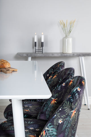 Venture Home Polar Matbord 180 cm - Vit skiva / Vita Ben+ Matstol i sammet - Svart Blomma tyg_6