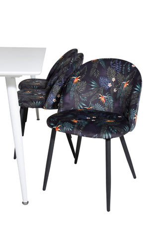 Venture Home Polar Matbord 180 cm - Vit skiva / Vita Ben+ Matstol i sammet - Svart Blomma tyg_6