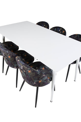 Venture Home Polar Matbord 180 cm - Vit skiva / Vita Ben+ Matstol i sammet - Svart Blomma tyg_6