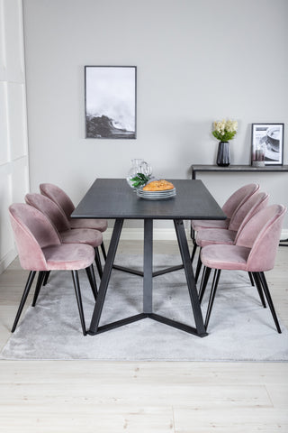 Venture Home Marina Matbord - Svart skiva / Svarta Ben + Matstol i sammet - Rosa / Svart_6