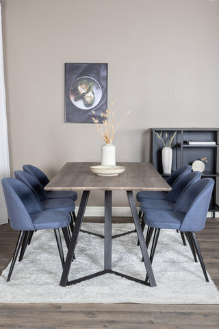 Venture Home Marina Matbord - 180*90*H75 - Grå / Svart+Velvet Dining Chiar - Svarta ben - Blå Tyg_6