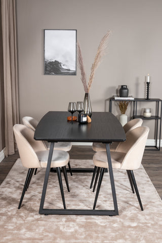 Inca förlängningsbord - Svart topp / svarta ben + matstol i sammet - Beige / Svart_4