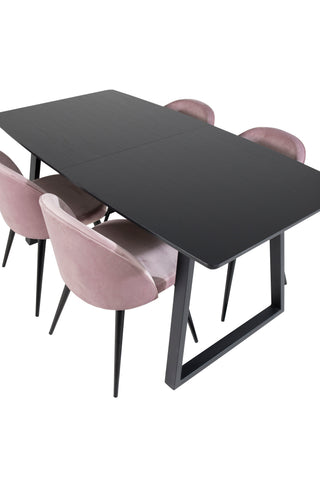 Inca förlängningsbord - Svart topp / svarta ben+matplatsstol i sammet - Rosa / Svart_4