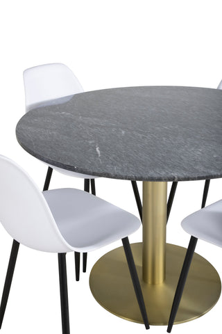 Estelle Runt Matbord ø106 H75 - Svart / Mässing+Polar Plast Matstol - Svarta Ben / Vit Plast_4