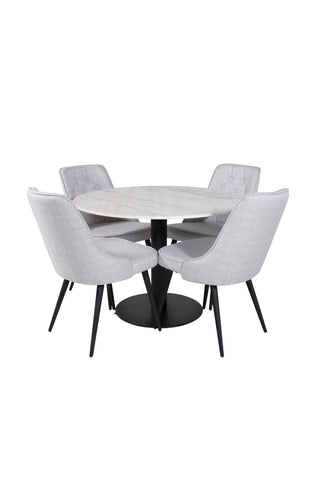 Estelle Runt Matbord ø106 H75 - Vit / Svart+Velvet Deluxe Matstol - Svarta Ben - Ljusgrå Tyg_4