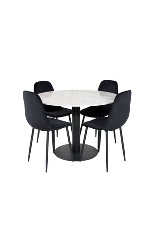 Estelle Runt Matbord ø106 H75 - Vit / Svart+Polar Diamond Matstol - Svarta Ben - Svart Sammet_4