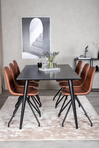 Venture Home Dipp Matbord - 180*90cm - Svart fanér / helt svarta ben - Polar Matstol med Spin funktion - svarta Ben - Brun PU - Vita stygn 6